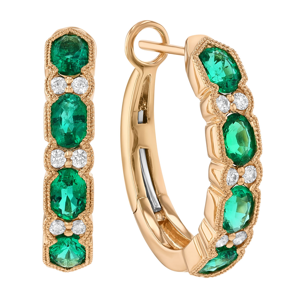 Oval Emerald & Diamond Milgrain Huggie Hoop Earrings in Yellow Gold