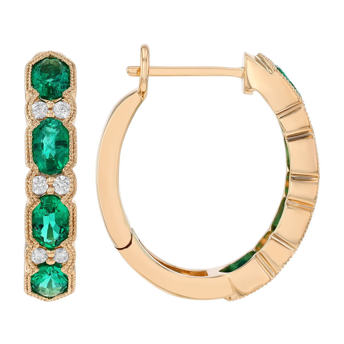 Oval Emerald & Diamond Milgrain Huggie Hoop Earrings in Yellow Gold