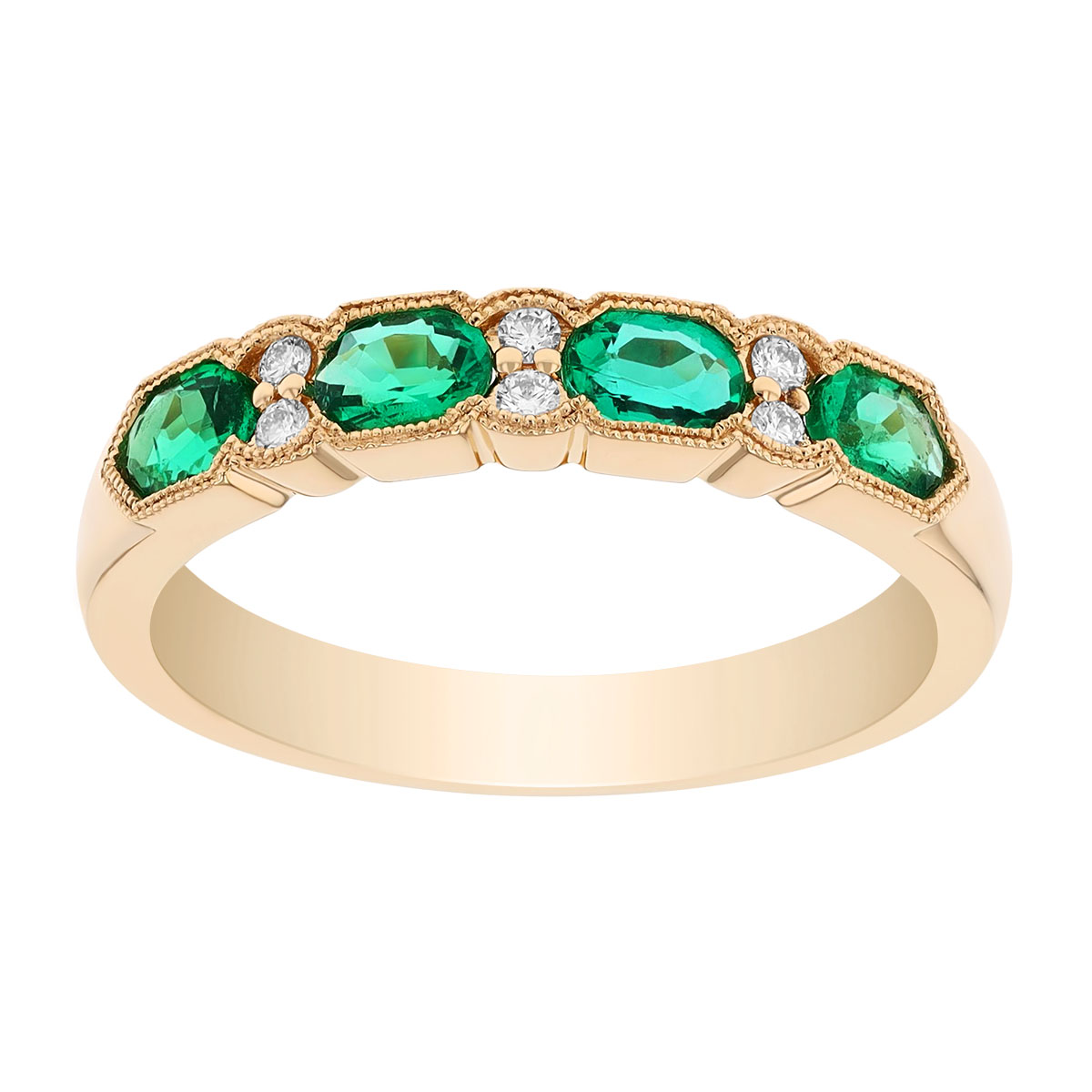 Oval Emerald & Diamond Milgrain Edge Ring in Yellow Gold