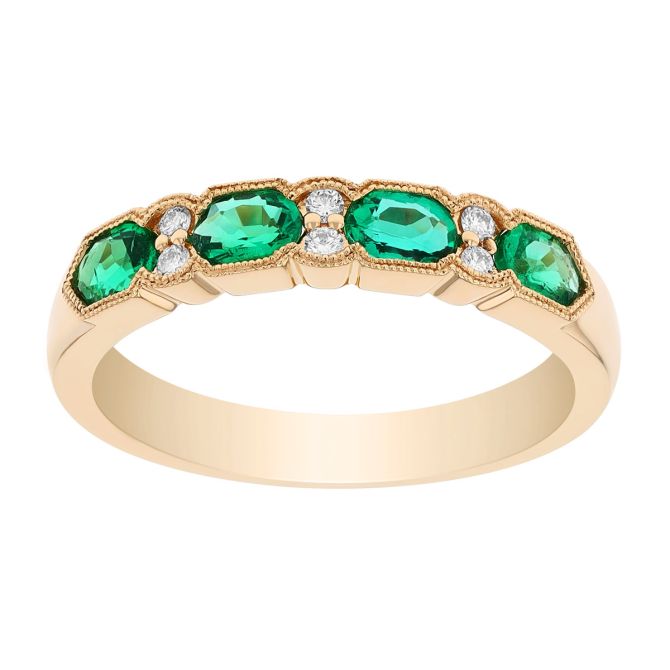 Oval Emerald & Diamond Milgrain Edge Ring in Yellow Gold