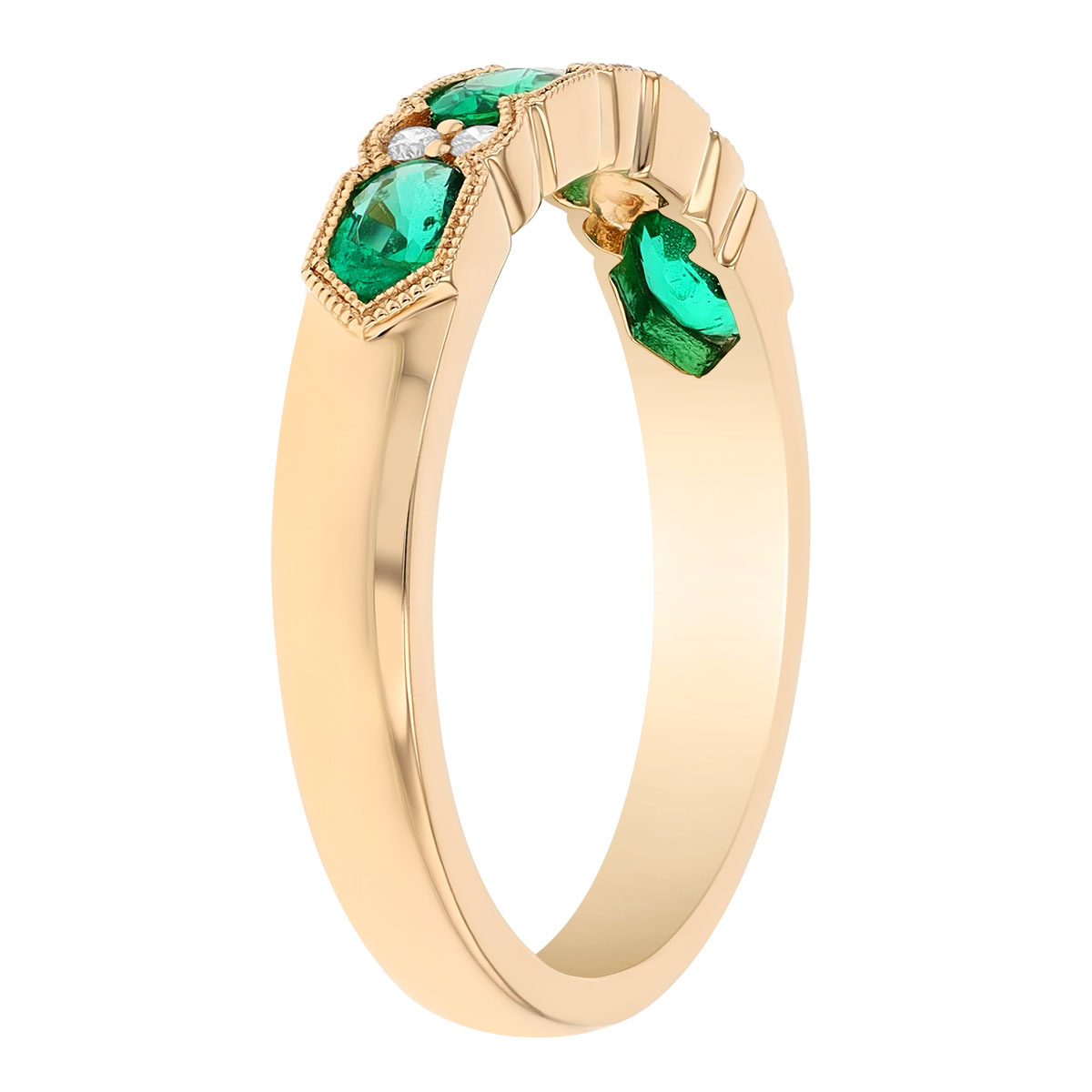 Oval Emerald & Diamond Milgrain Edge Ring in Yellow Gold