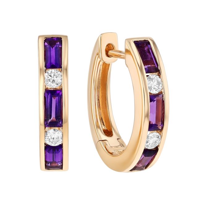 Baguette Amethyst & Round Diamond Channel Set Huggie Hoop Earrings in Yellow Gold