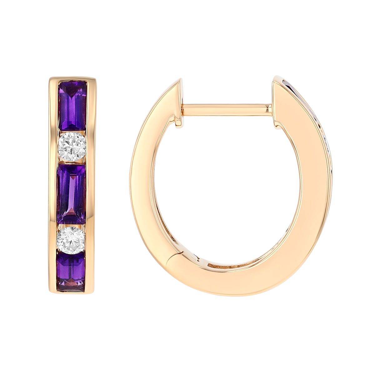 Baguette Amethyst & Round Diamond Channel Set Huggie Hoop Earrings in Yellow Gold