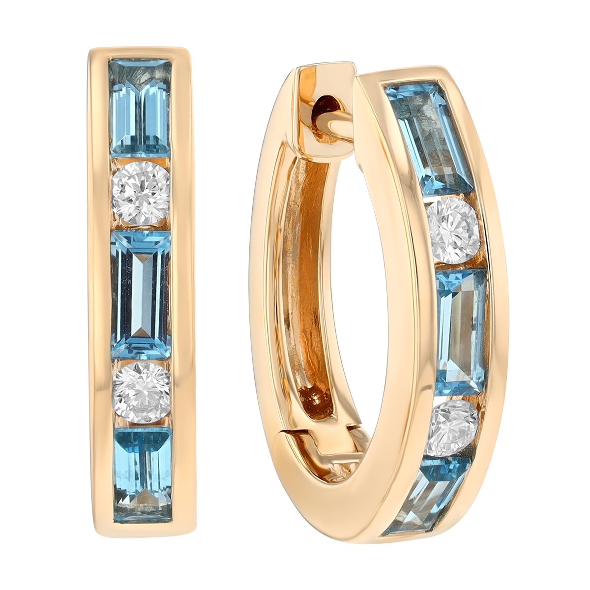 Baguette Topaz & Round Diamond Channel Set Huggie Hoop Earrings in Yellow Gold