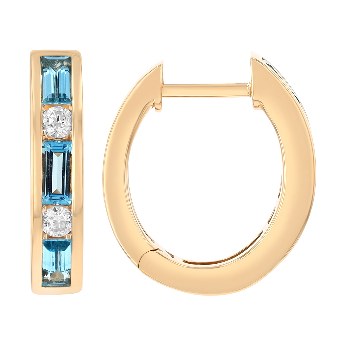 Baguette Topaz & Round Diamond Channel Set Huggie Hoop Earrings in Yellow Gold