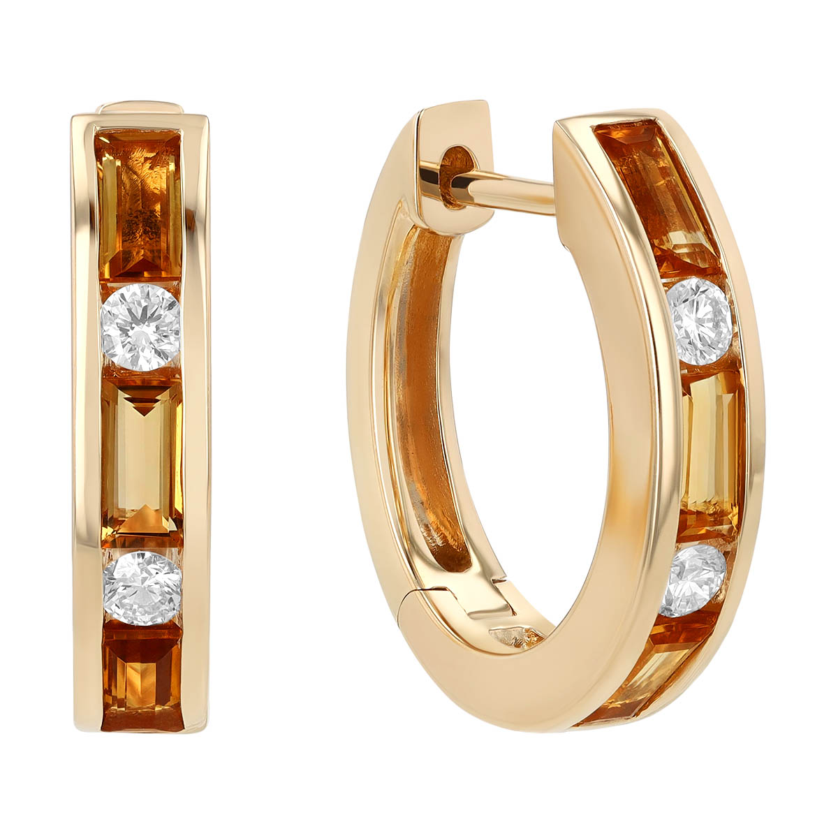 Baguette Citrine & Round Diamond Channel Set Huggie Hoop Earrings in Yellow Gold