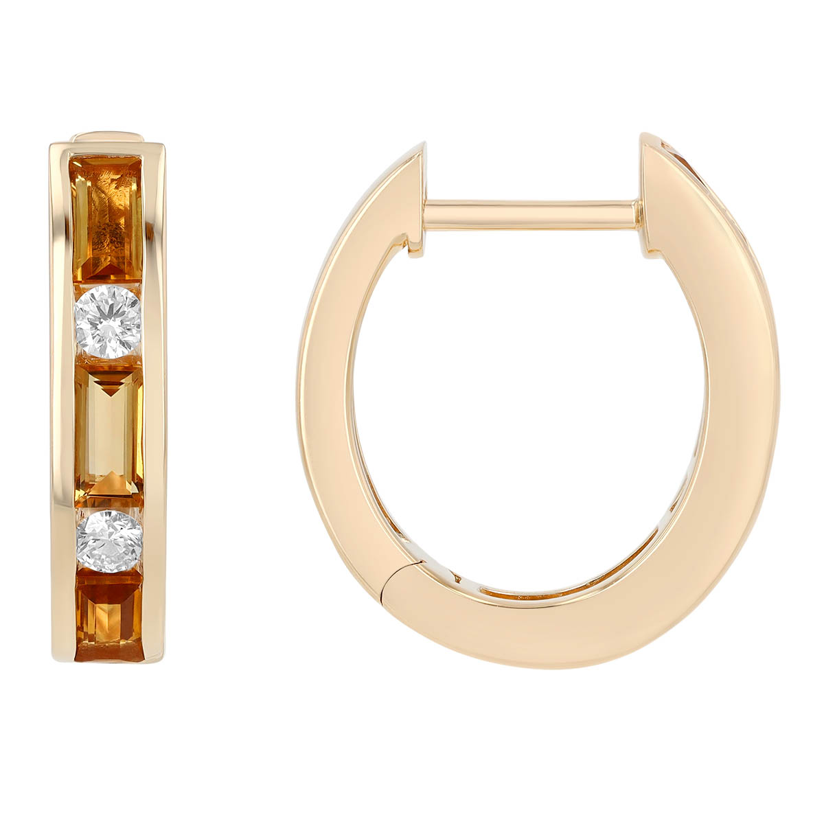 Baguette Citrine & Round Diamond Channel Set Huggie Hoop Earrings in Yellow Gold