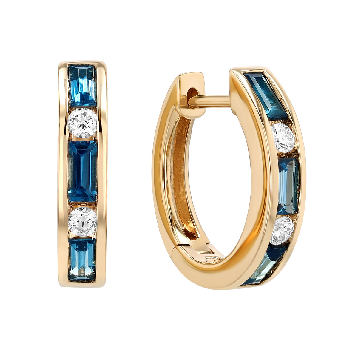 Baguette Topaz & Round Diamond Channel Set Huggie Hoop Earrings in Yellow Gold