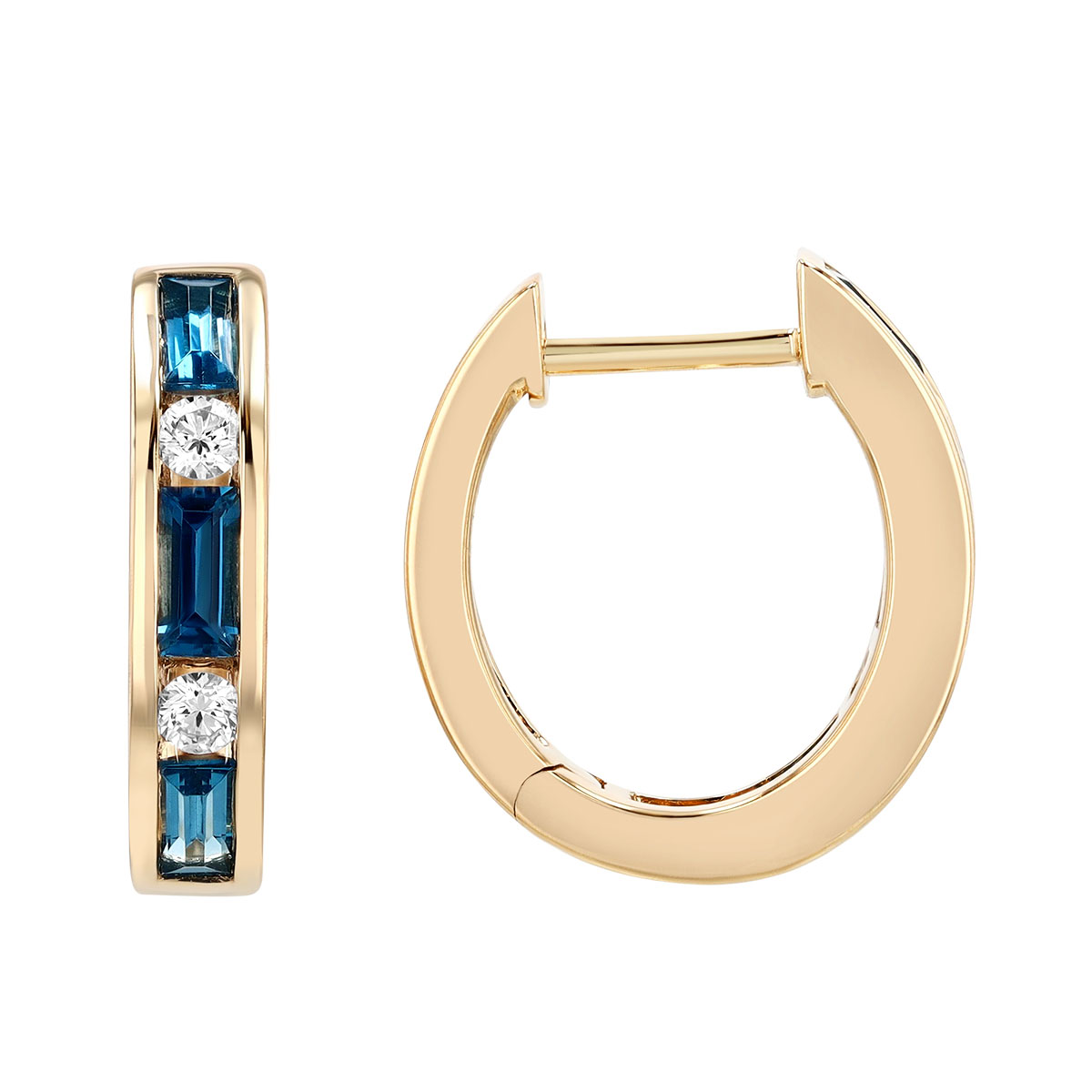 Baguette Topaz & Round Diamond Channel Set Huggie Hoop Earrings in Yellow Gold