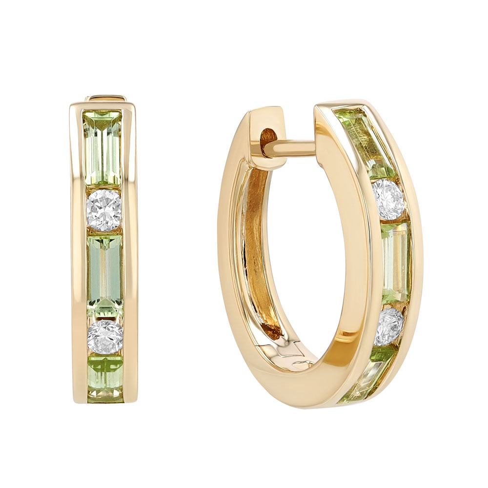 Baguette Peridot & Round Diamond Channel Set Huggie Hoop Earrings in Yellow Gold