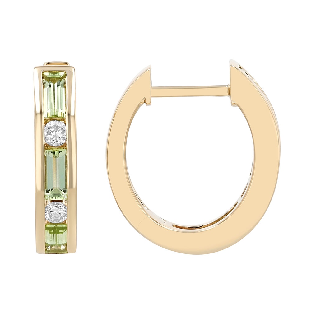 Baguette Peridot & Round Diamond Channel Set Huggie Hoop Earrings in Yellow Gold