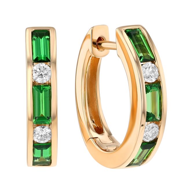 Baguette Tsavorite Garnet & Round Diamond Channel Set Huggie Hoop Earrings in Yellow Gold