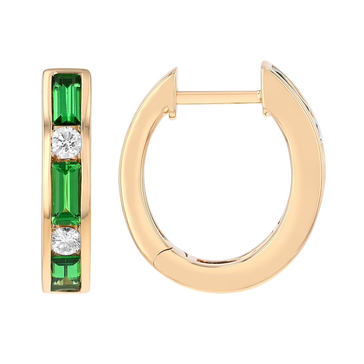 Baguette Tsavorite Garnet & Round Diamond Channel Set Huggie Hoop Earrings in Yellow Gold