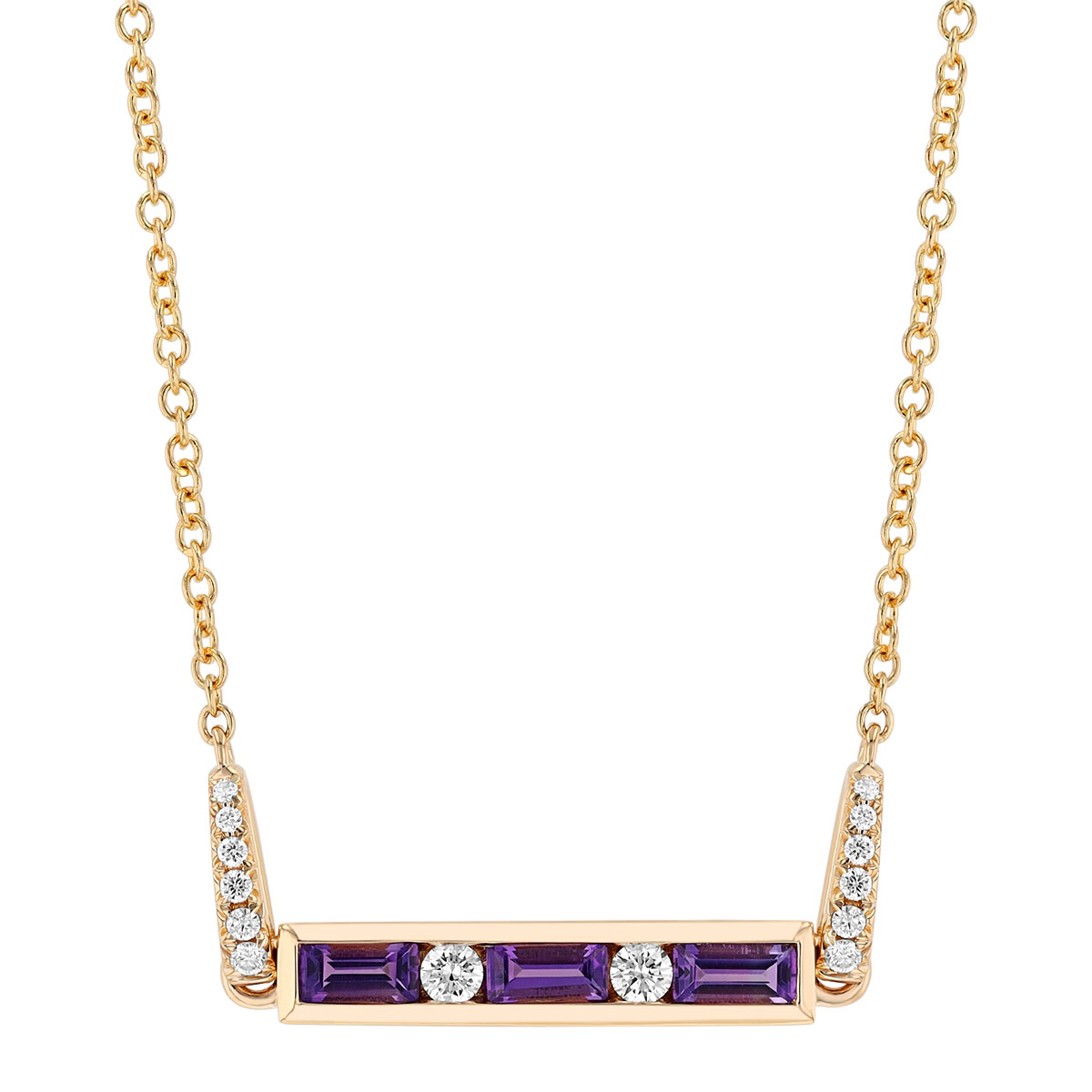 Baguette Amethyst & Round Diamond Channel Set Bar Necklace in Yellow Gold, 17