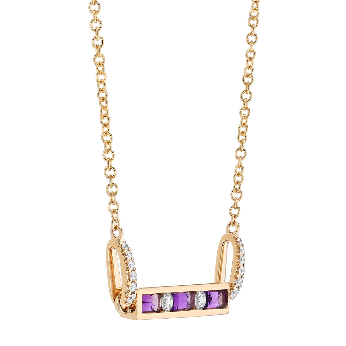 Baguette Amethyst & Round Diamond Channel Set Bar Necklace in Yellow Gold, 17