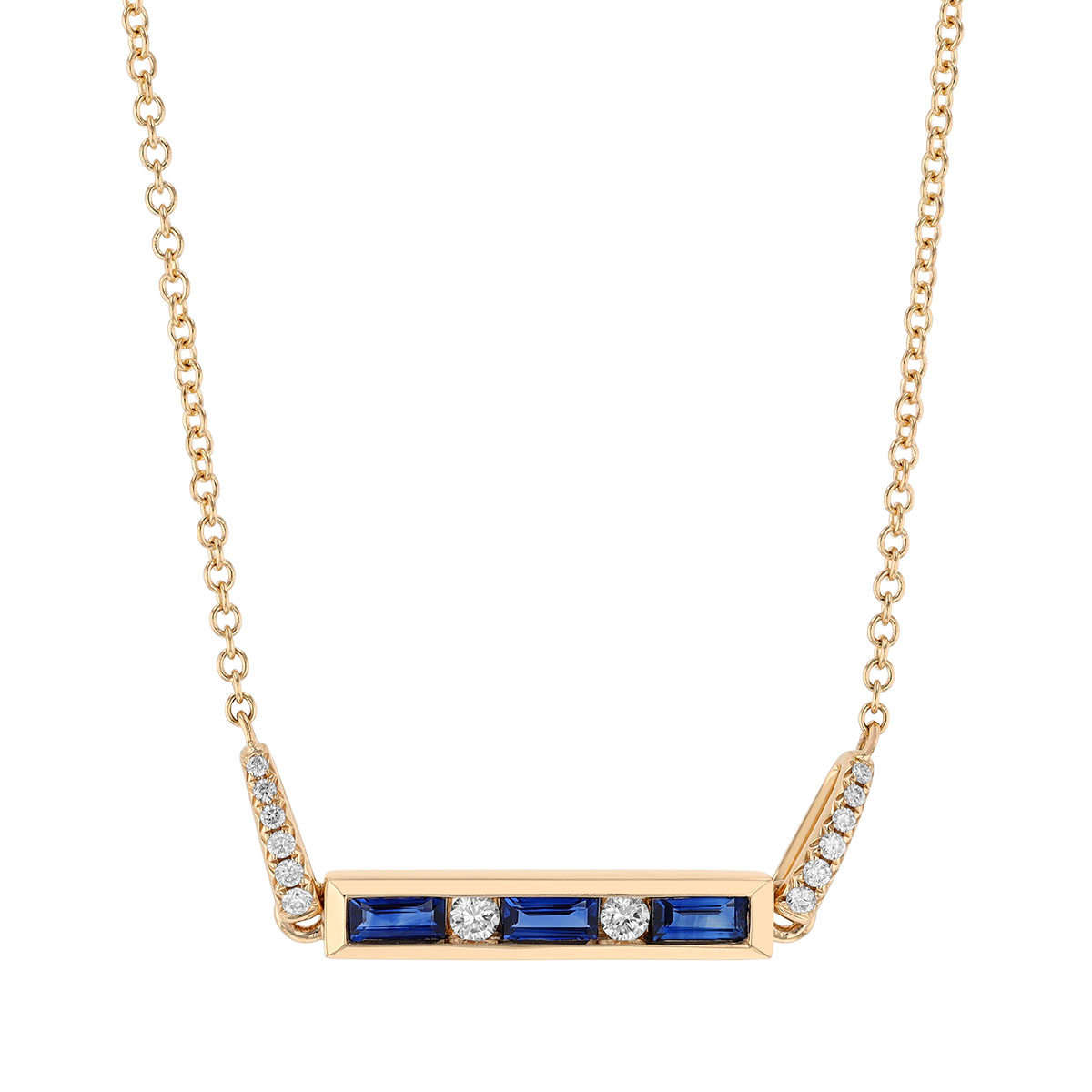 Baguette Sapphire & Round Diamond Channel Set Bar Necklace in Yellow Gold
