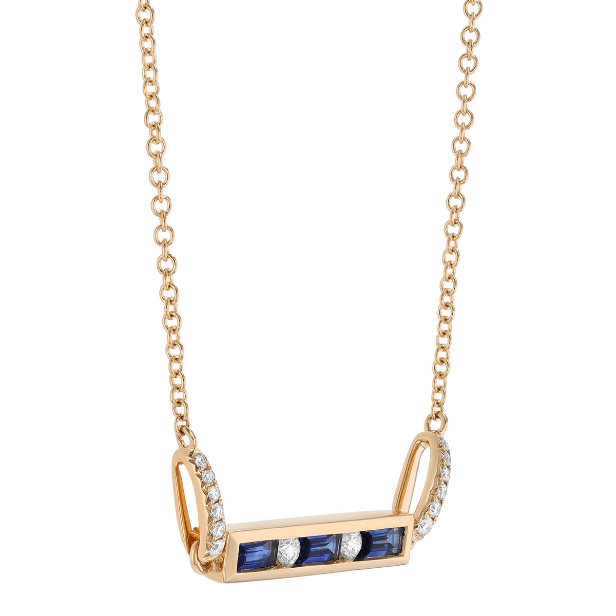 Baguette Sapphire & Round Diamond Channel Set Bar Necklace in Yellow Gold