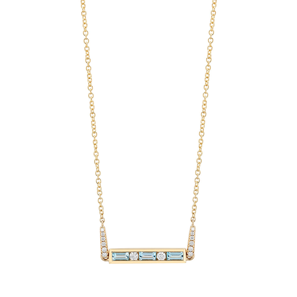 Baguette Topaz & Round Diamond Channel Set Bar Necklace in Yellow Gold, 18