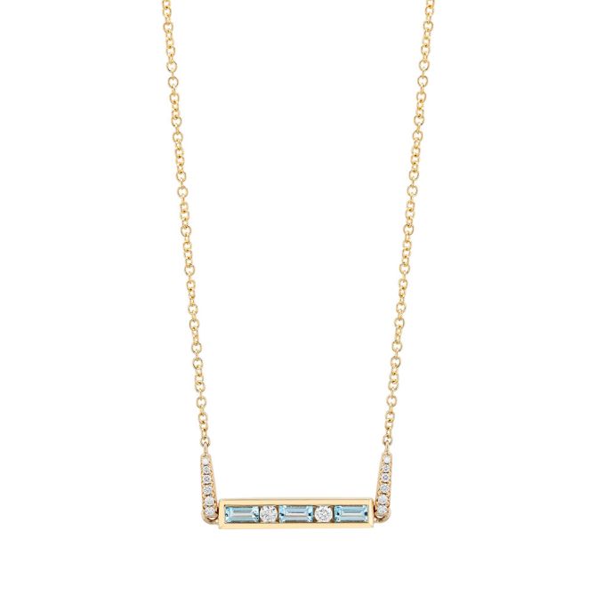 Baguette Topaz & Round Diamond Channel Set Bar Necklace in Yellow Gold, 18"