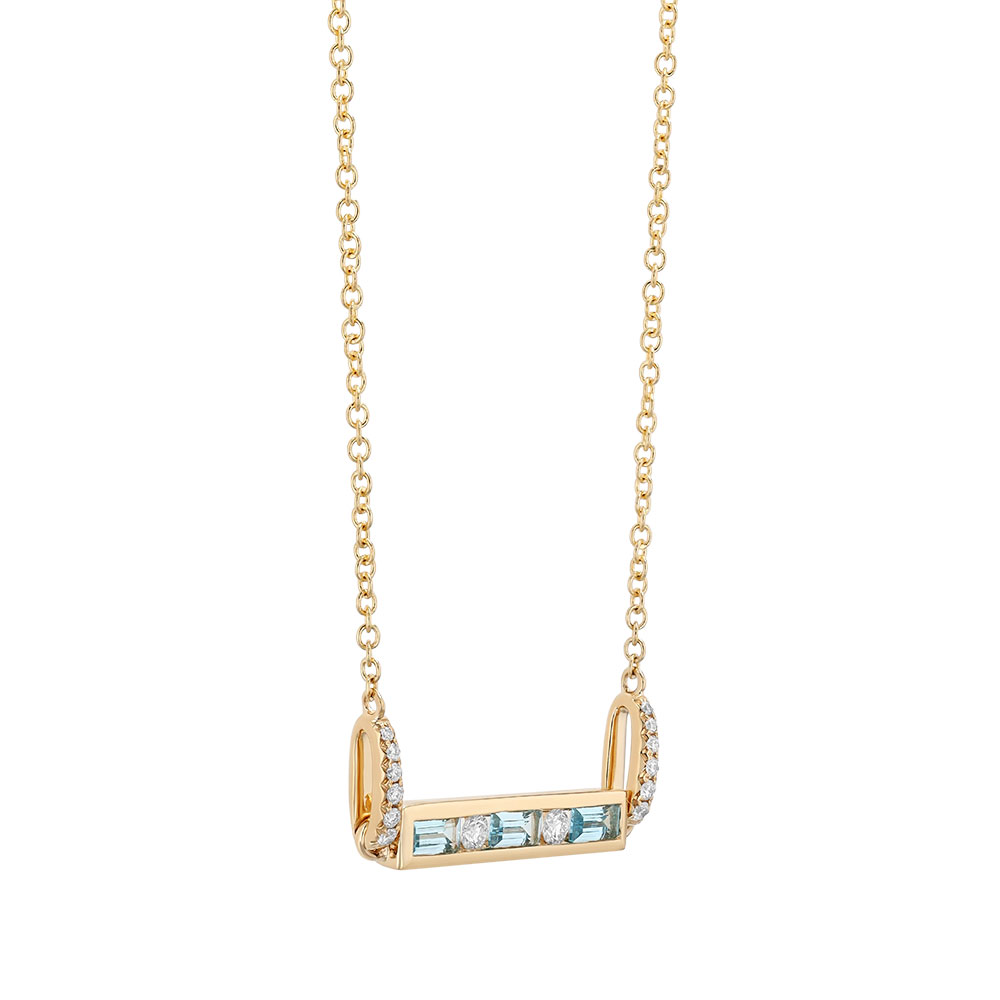 Baguette Topaz & Round Diamond Channel Set Bar Necklace in Yellow Gold, 18