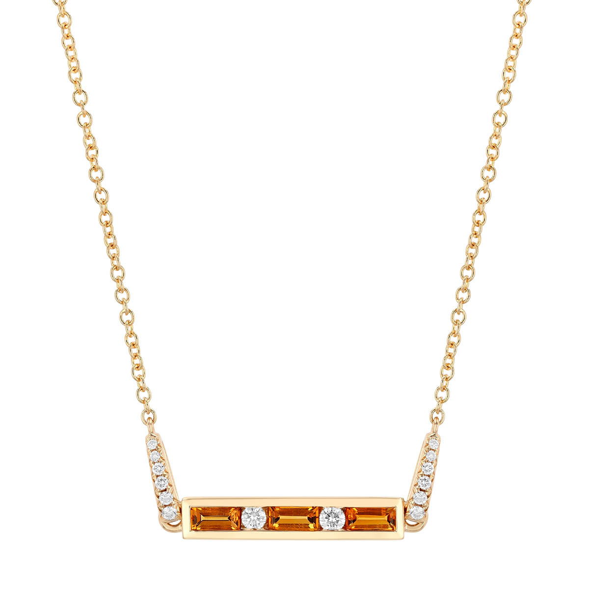 Baguette Citrine & Round Diamond Channel Set Bar Necklace in Yellow Gold, 18