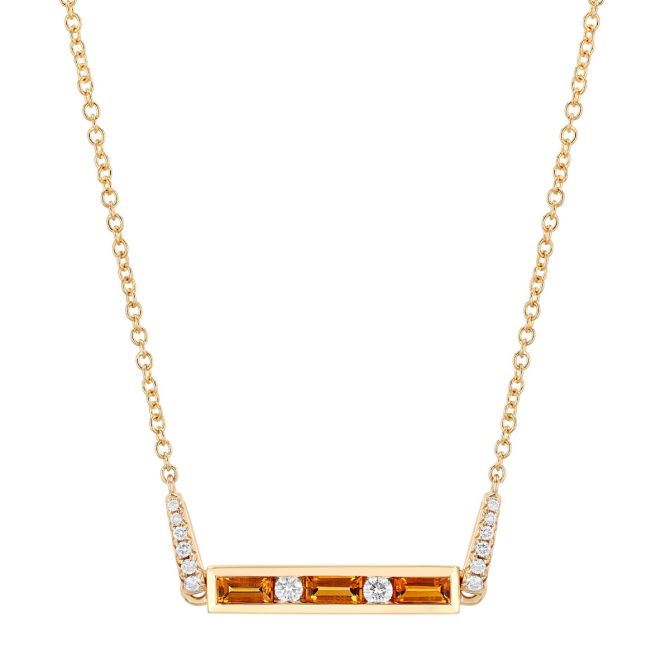 Baguette Citrine & Round Diamond Channel Set Bar Necklace in Yellow Gold, 18"