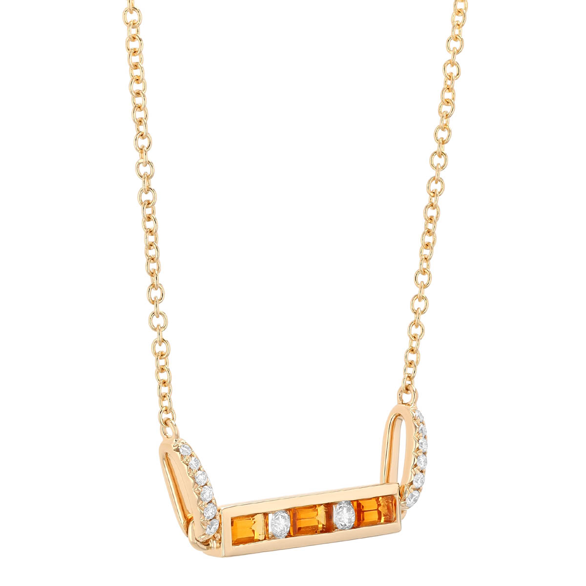 Baguette Citrine & Round Diamond Channel Set Bar Necklace in Yellow Gold, 18