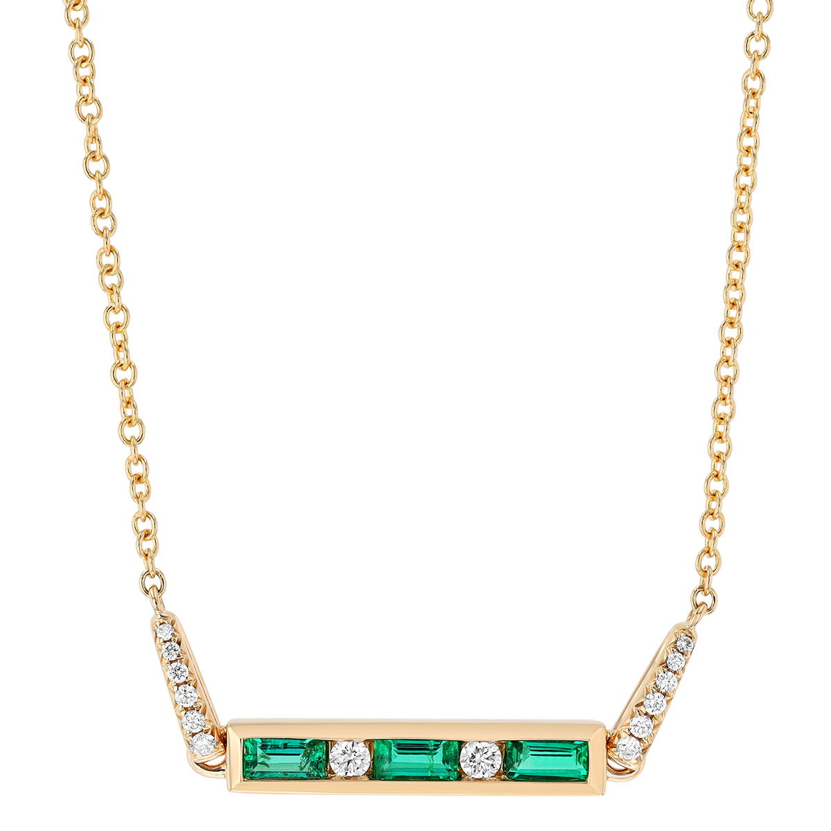 Baguette Emerald & Round Diamond Channel Set Bar Necklace in Yellow Gold, 17