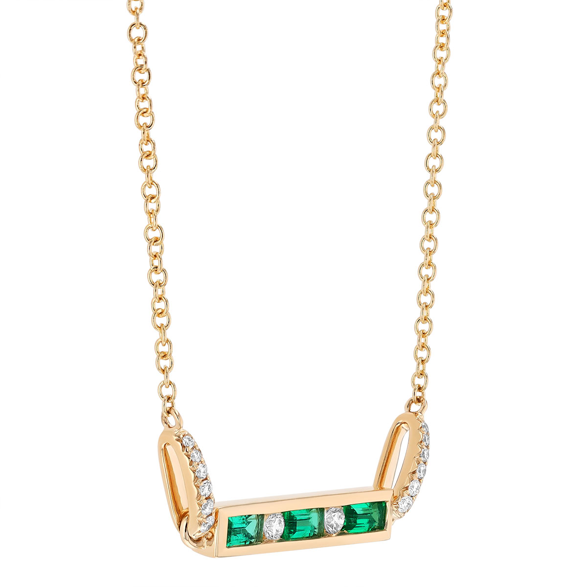 Baguette Emerald & Round Diamond Channel Set Bar Necklace in Yellow Gold, 17