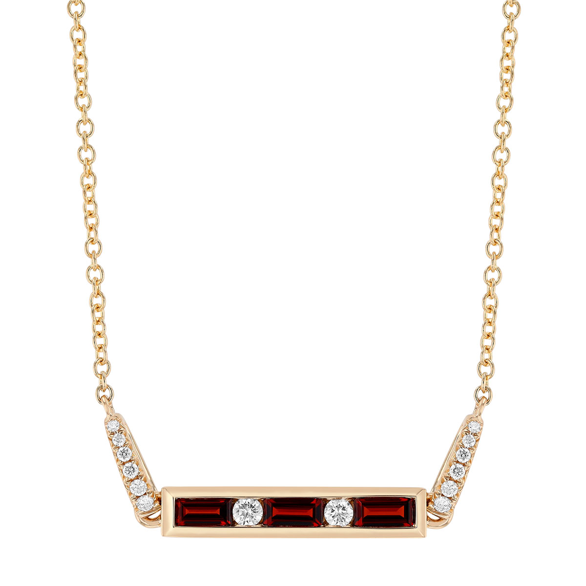 Baguette Garnet & Round Diamond Channel Set Bar Necklace in Yellow Gold, 17