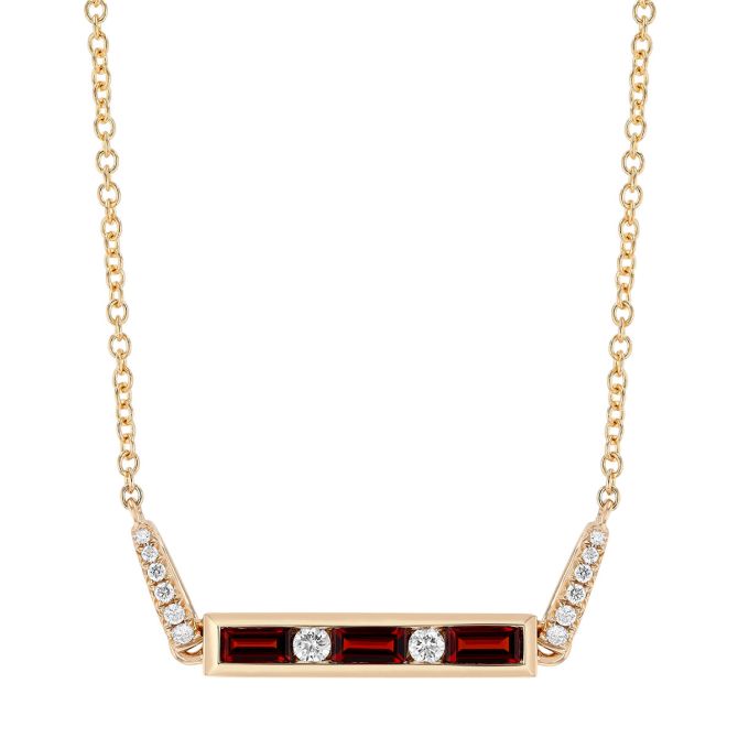 Baguette Garnet & Round Diamond Channel Set Bar Necklace in Yellow Gold, 17"