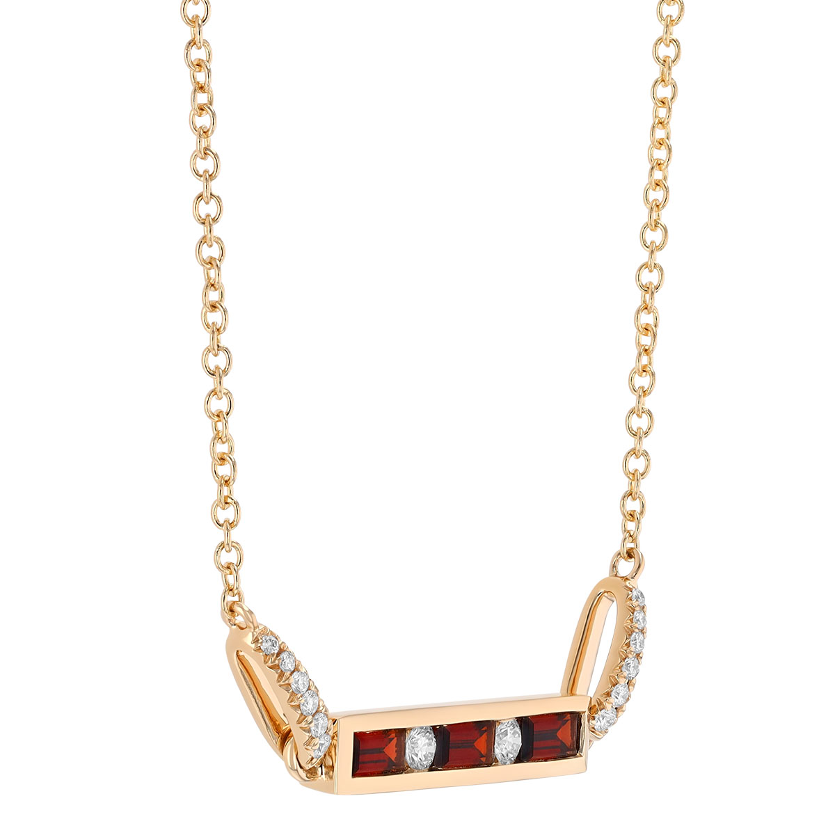 Baguette Garnet & Round Diamond Channel Set Bar Necklace in Yellow Gold, 17