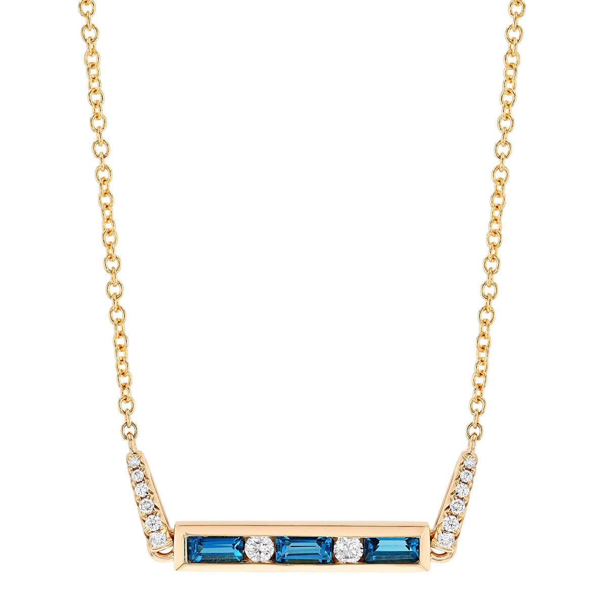 Baguette Topaz & Round Diamond Channel Set Bar Necklace in Yellow Gold, 17