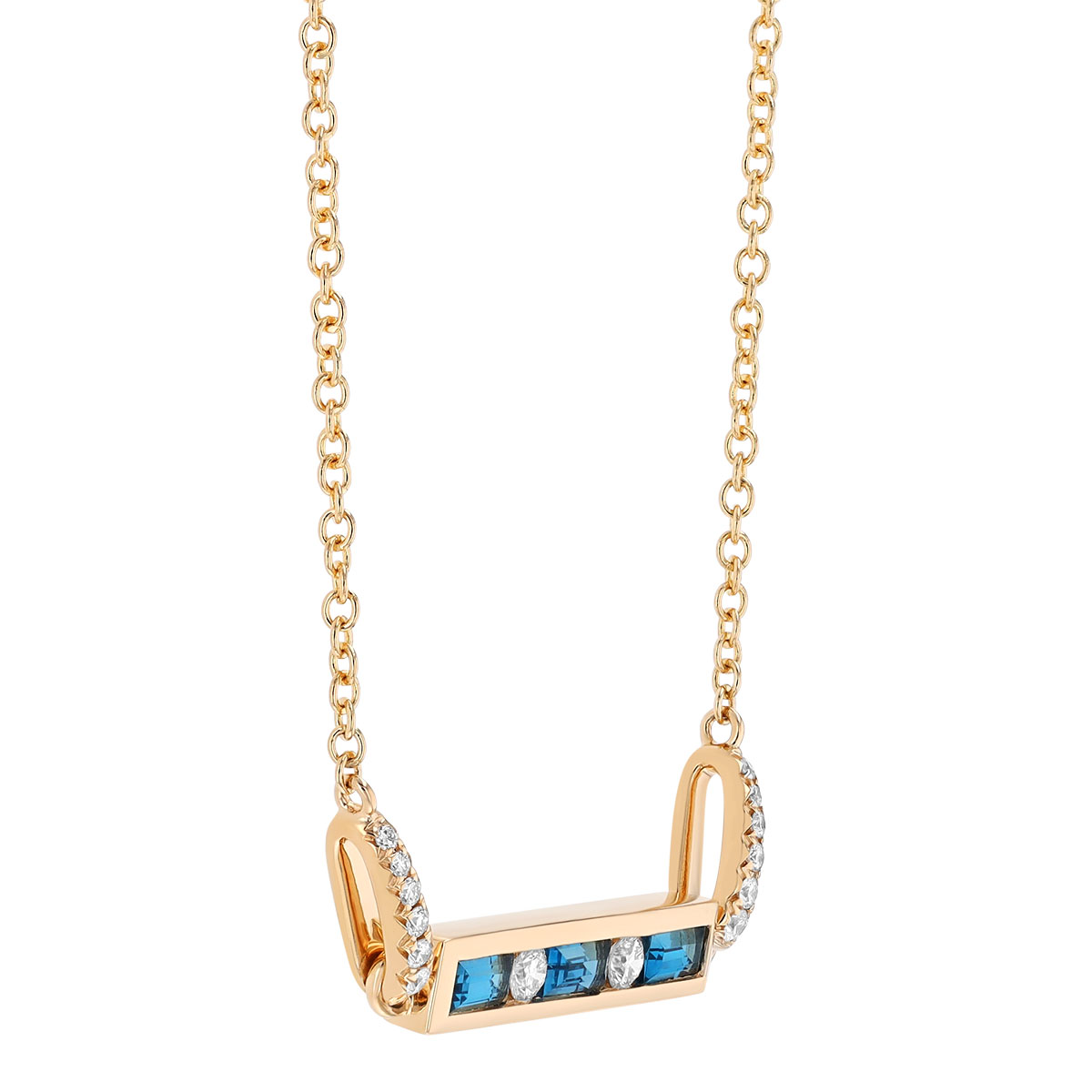 Baguette Topaz & Round Diamond Channel Set Bar Necklace in Yellow Gold, 17