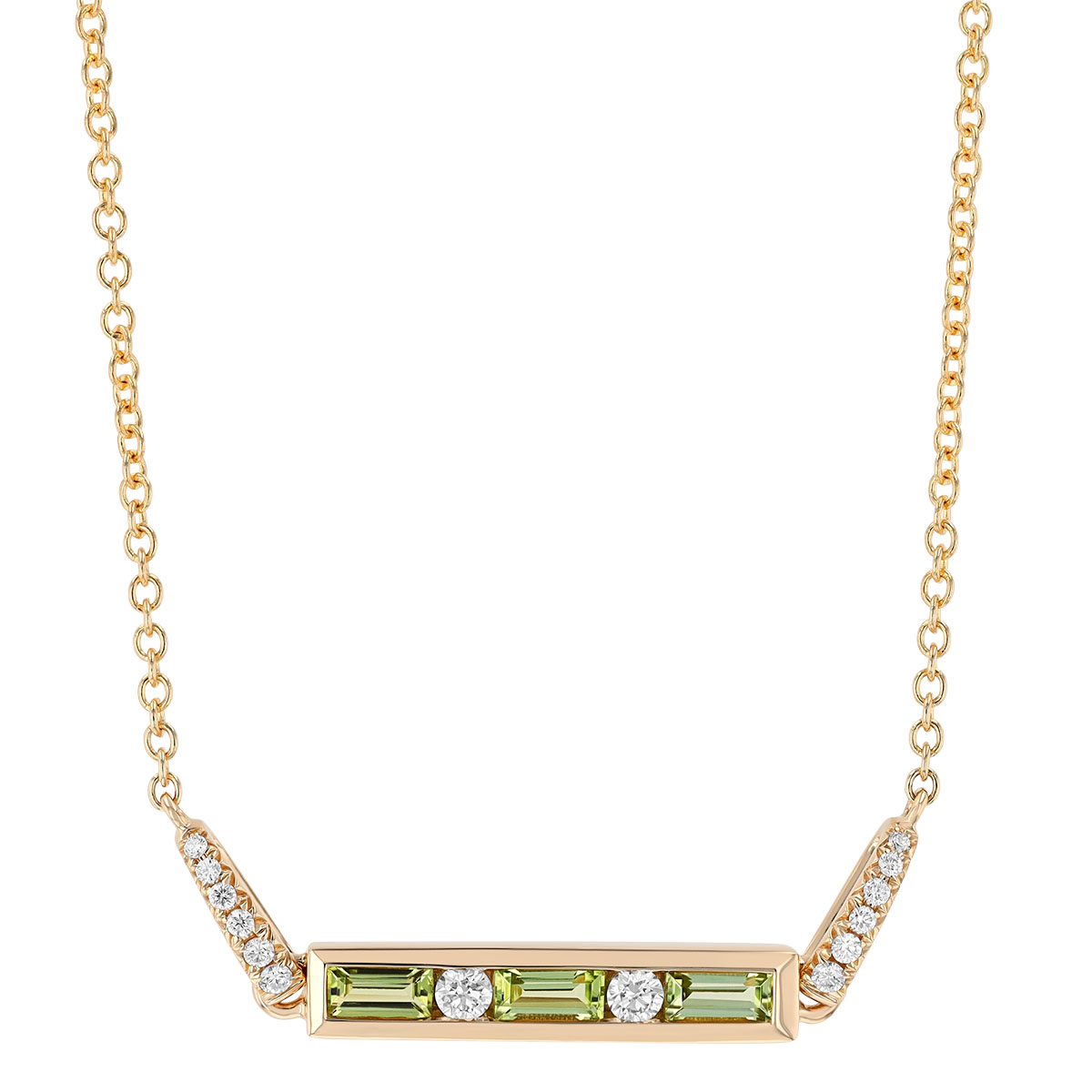 Baguette Peridot & Round Diamond Channel Set Bar Necklace in Yellow Gold, 17