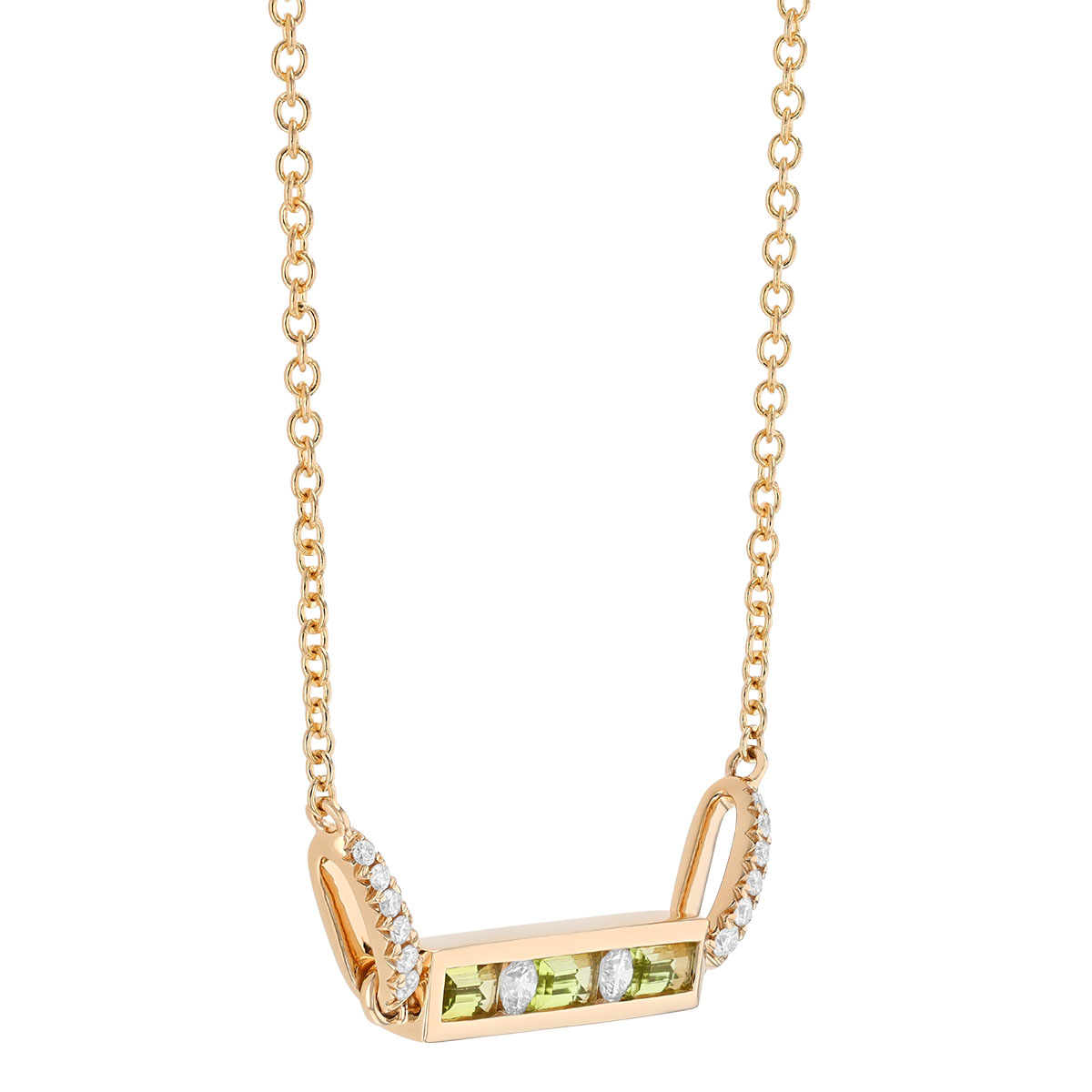 Baguette Peridot & Round Diamond Channel Set Bar Necklace in Yellow Gold, 17