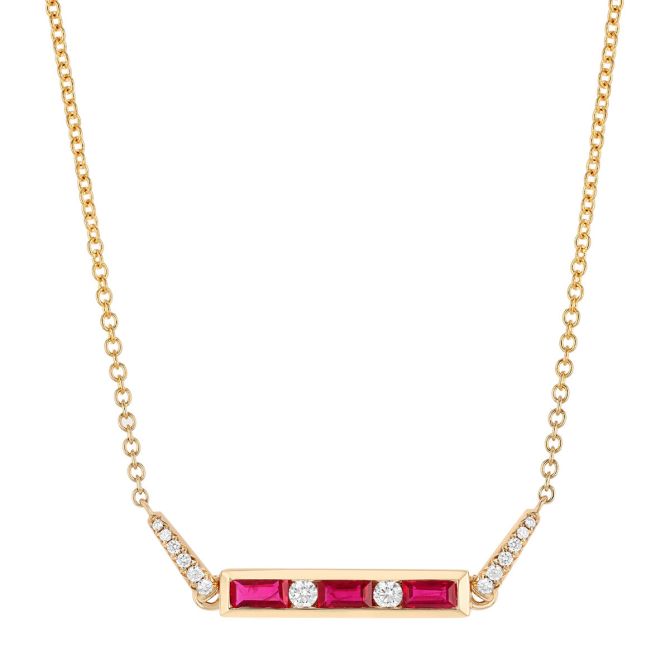 Baguette Ruby & Round Diamond Channel Set Bar Necklace in Yellow Gold, 18"