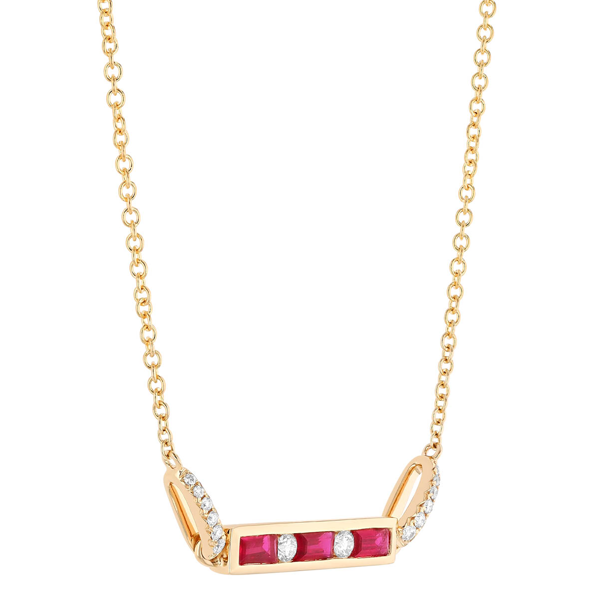 Baguette Ruby & Round Diamond Channel Set Bar Necklace in Yellow Gold, 18