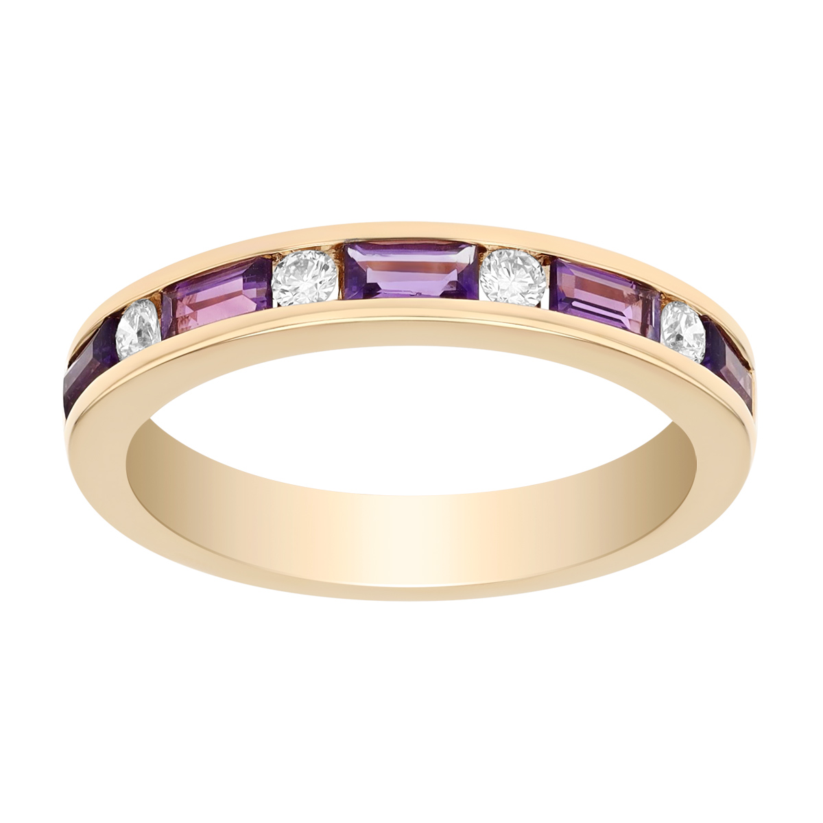Baguette Amethyst & Round Diamond Channel Set Ring in Yellow Gold