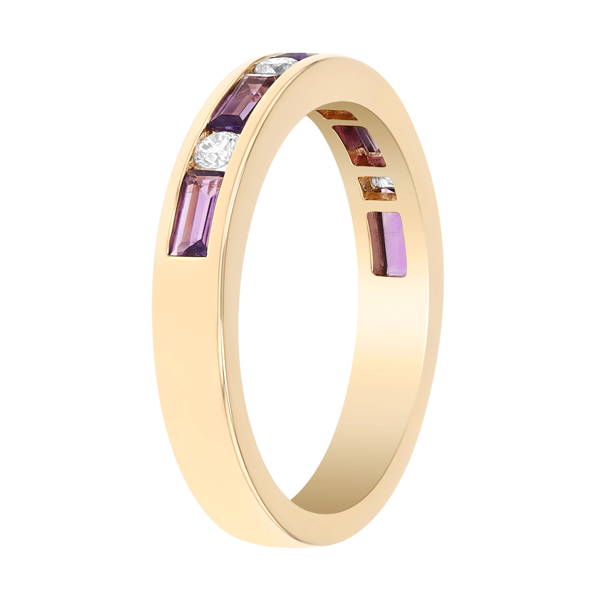 Baguette Amethyst & Round Diamond Channel Set Ring in Yellow Gold