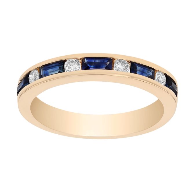 Baguette Sapphire & Round Diamond Channel Set Ring in Yellow Gold