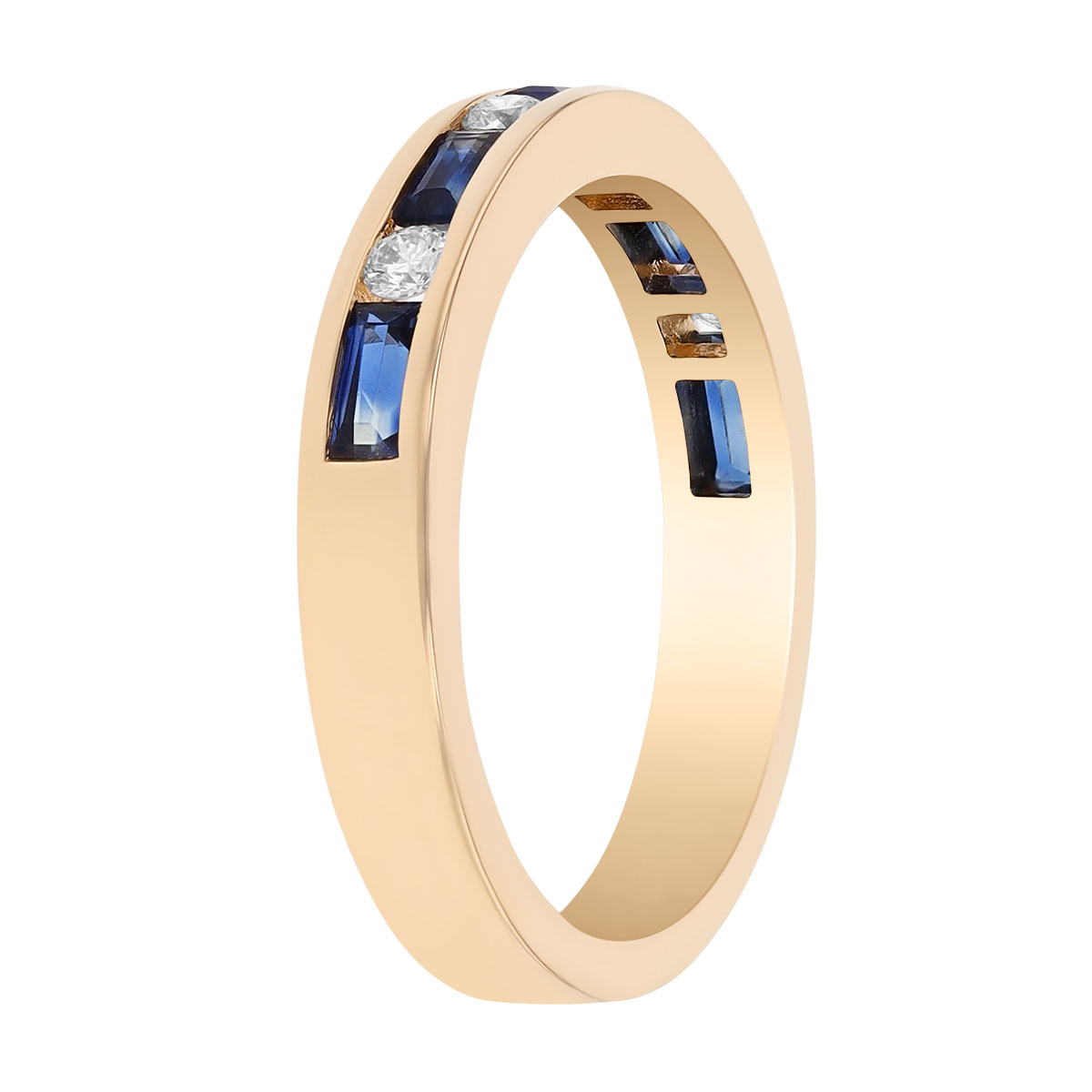Baguette Sapphire & Round Diamond Channel Set Ring in Yellow Gold