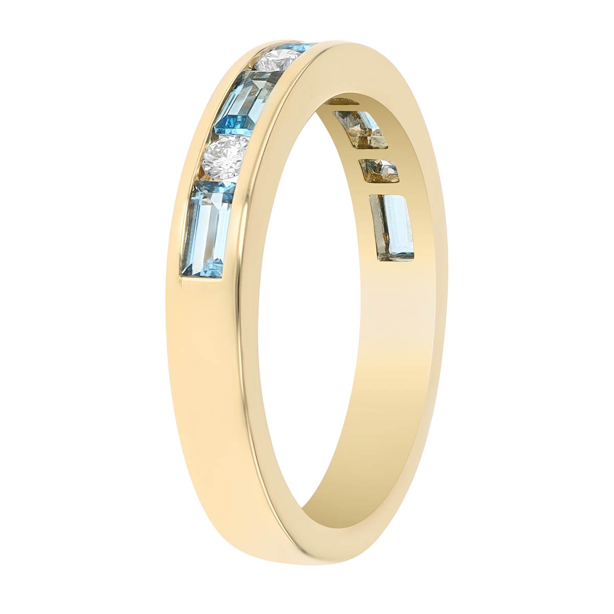 Baguette Light Blue Topaz & Diamond Alternating Channel Set Ring in Yellow Gold