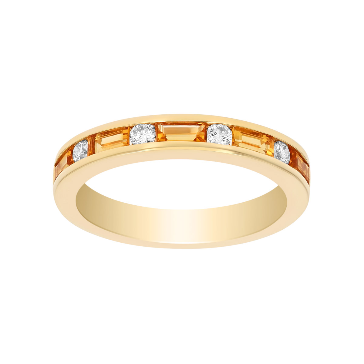 Channel Set Baguette Citrine & Round Diamond Ring in Yellow Gold