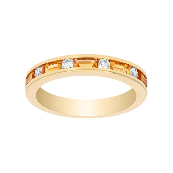 Channel Set Baguette Citrine & Round Diamond Ring in Yellow Gold