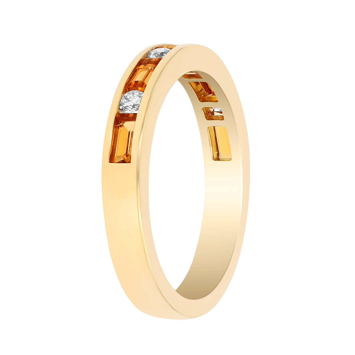 Channel Set Baguette Citrine & Round Diamond Ring in Yellow Gold