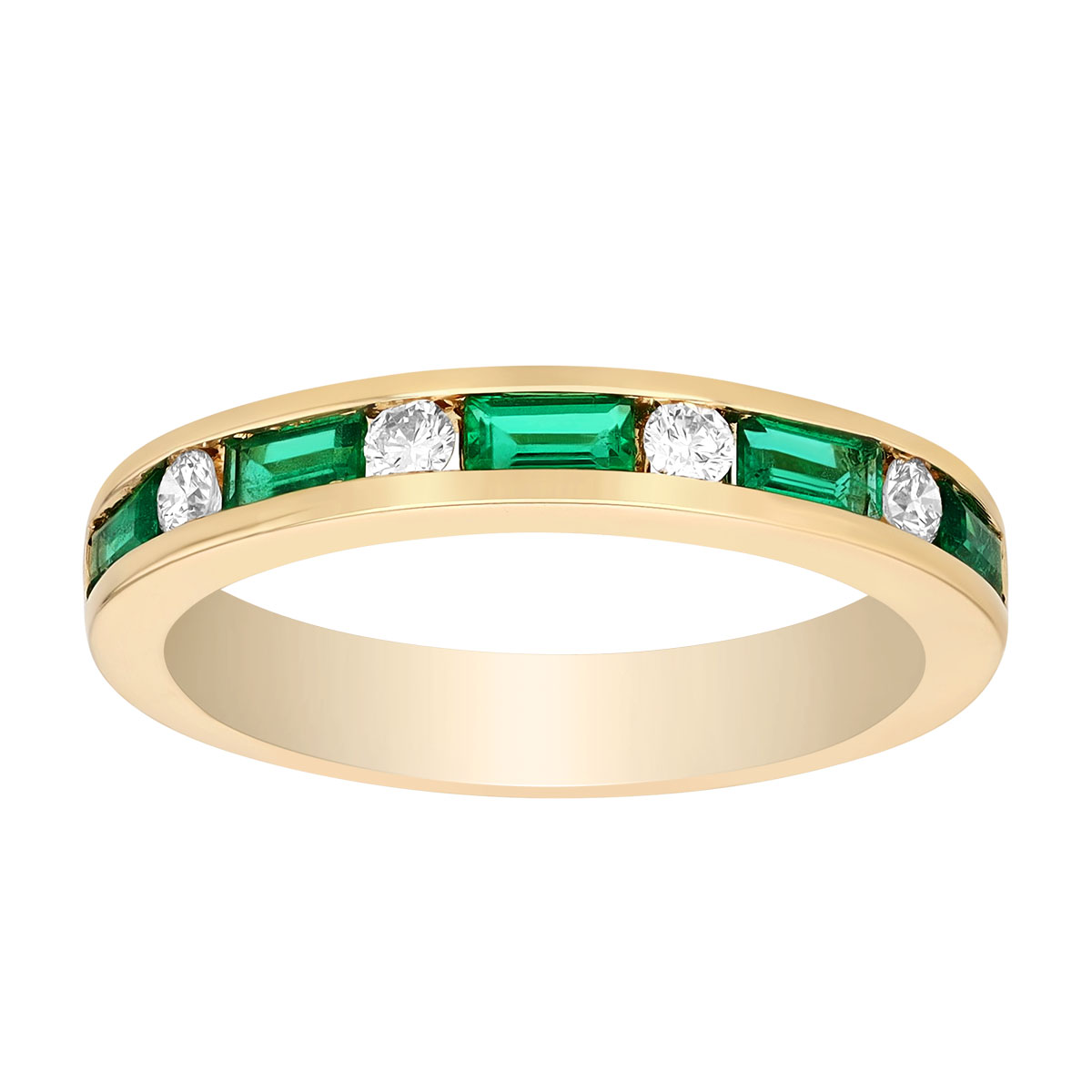 Baguette Emerald & Round Diamond Channel Set Ring in Yellow Gold