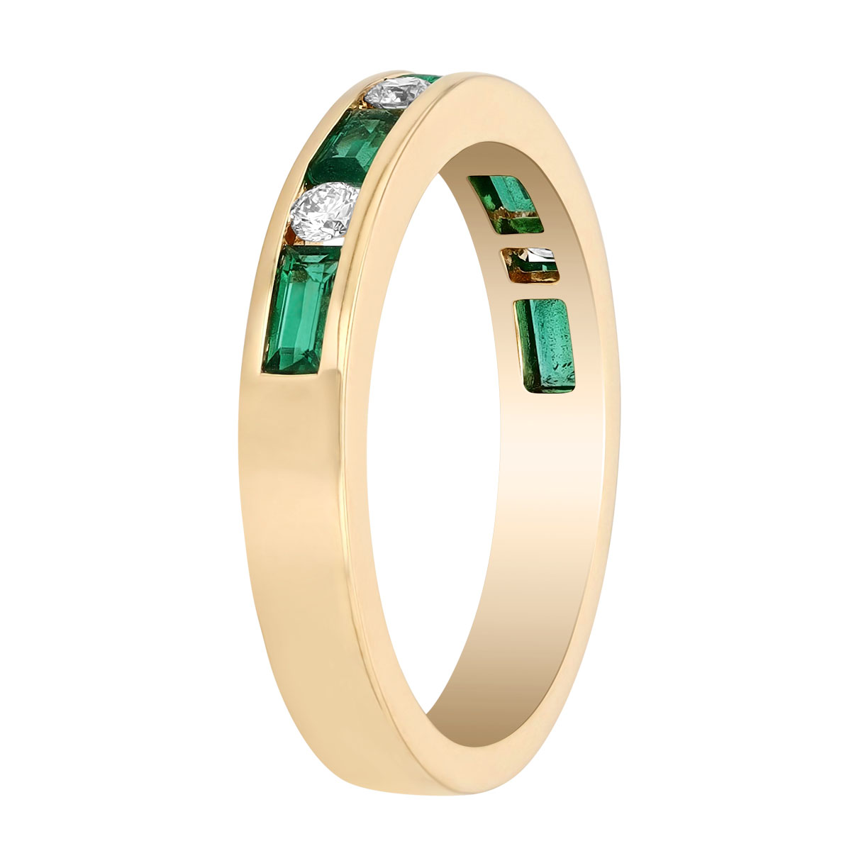 Baguette Emerald & Round Diamond Channel Set Ring in Yellow Gold
