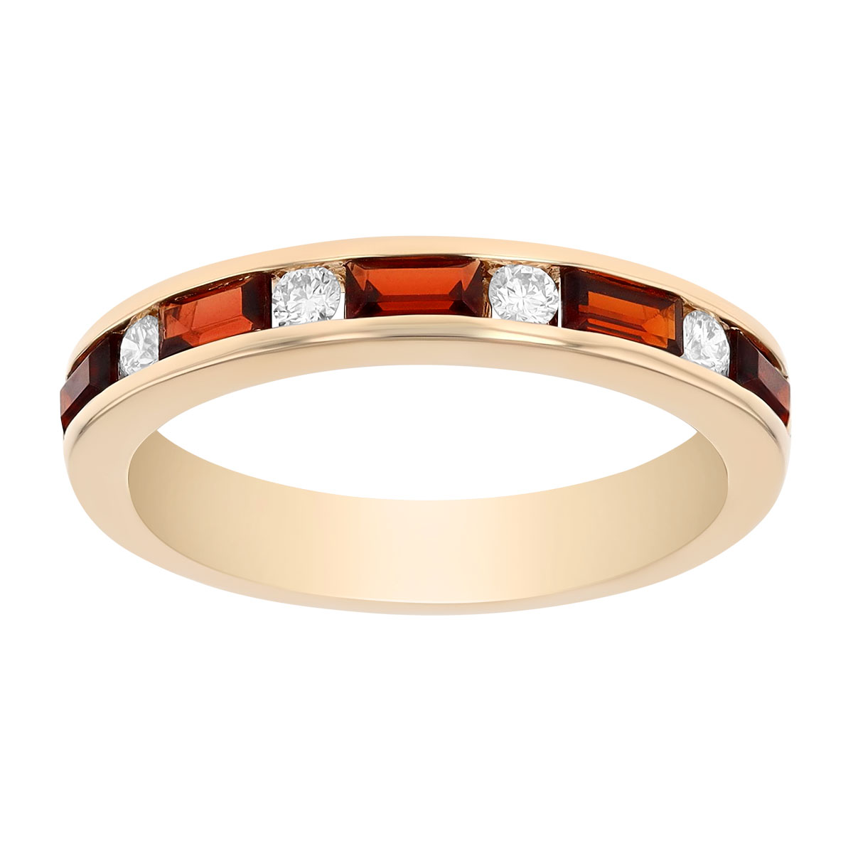 Baguette Garnet & Round Diamond Channel Set Ring in Yellow Gold