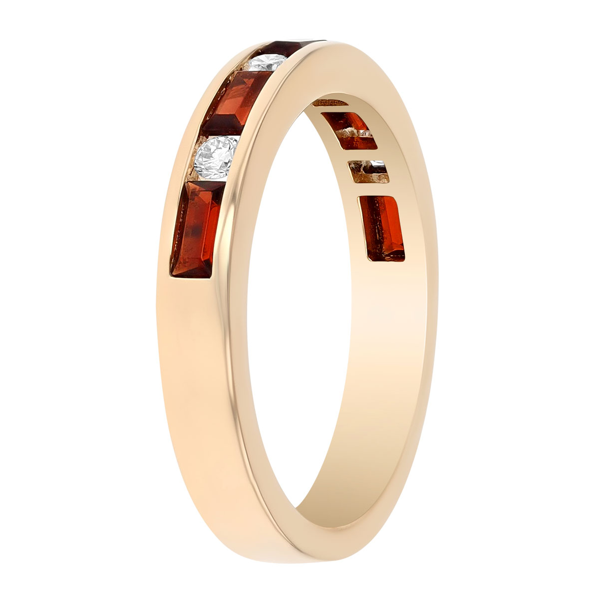 Baguette Garnet & Round Diamond Channel Set Ring in Yellow Gold
